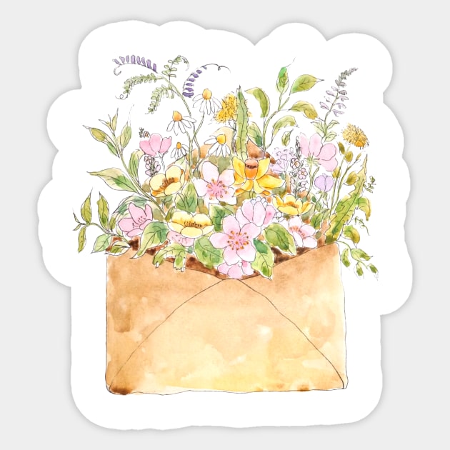 pink cherry blossom flowers in light brown envelop ink and watercolor Sticker by colorandcolor